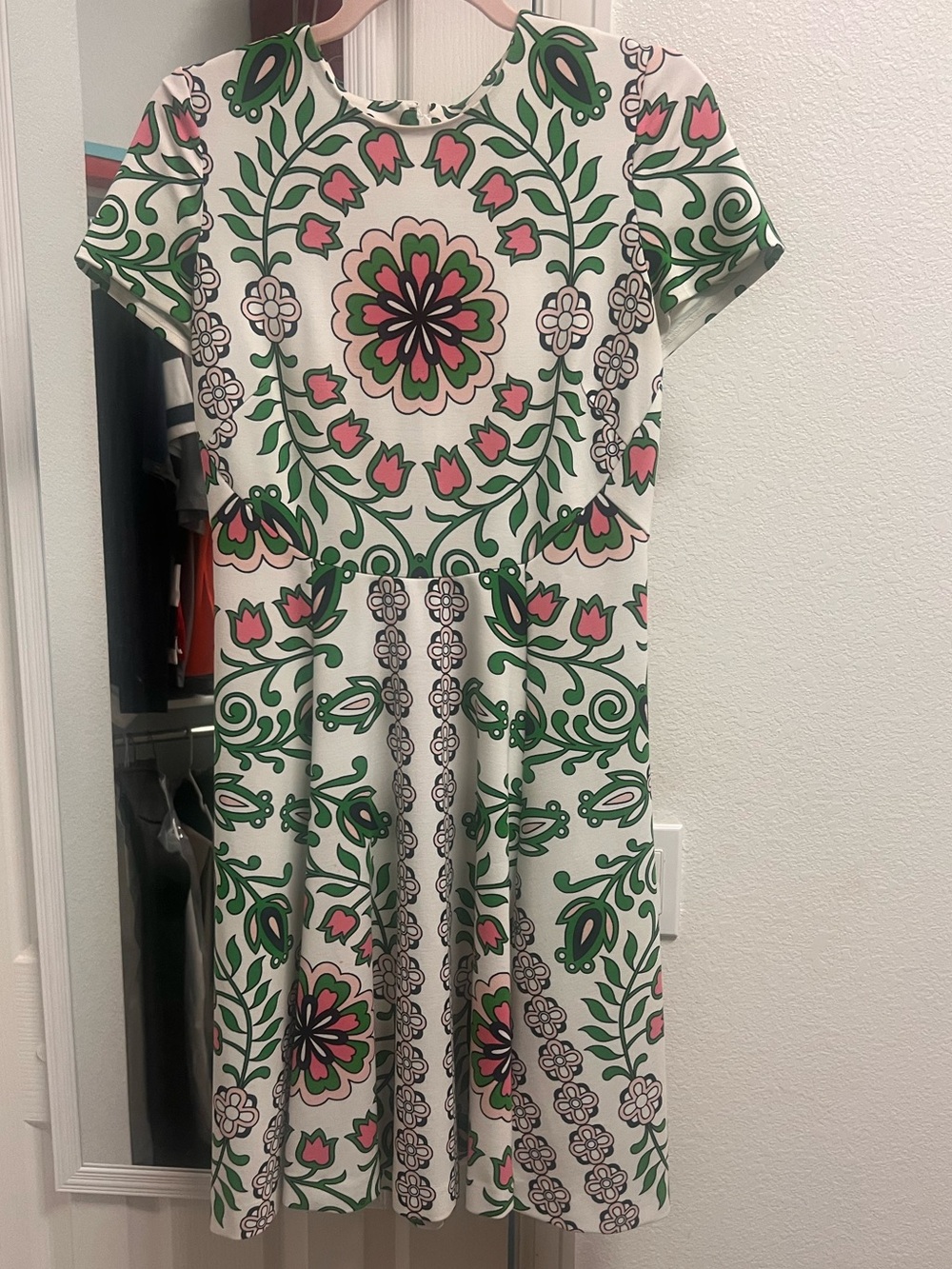 Tory Burch White Dress with Green and Pink Floral Medallion Print